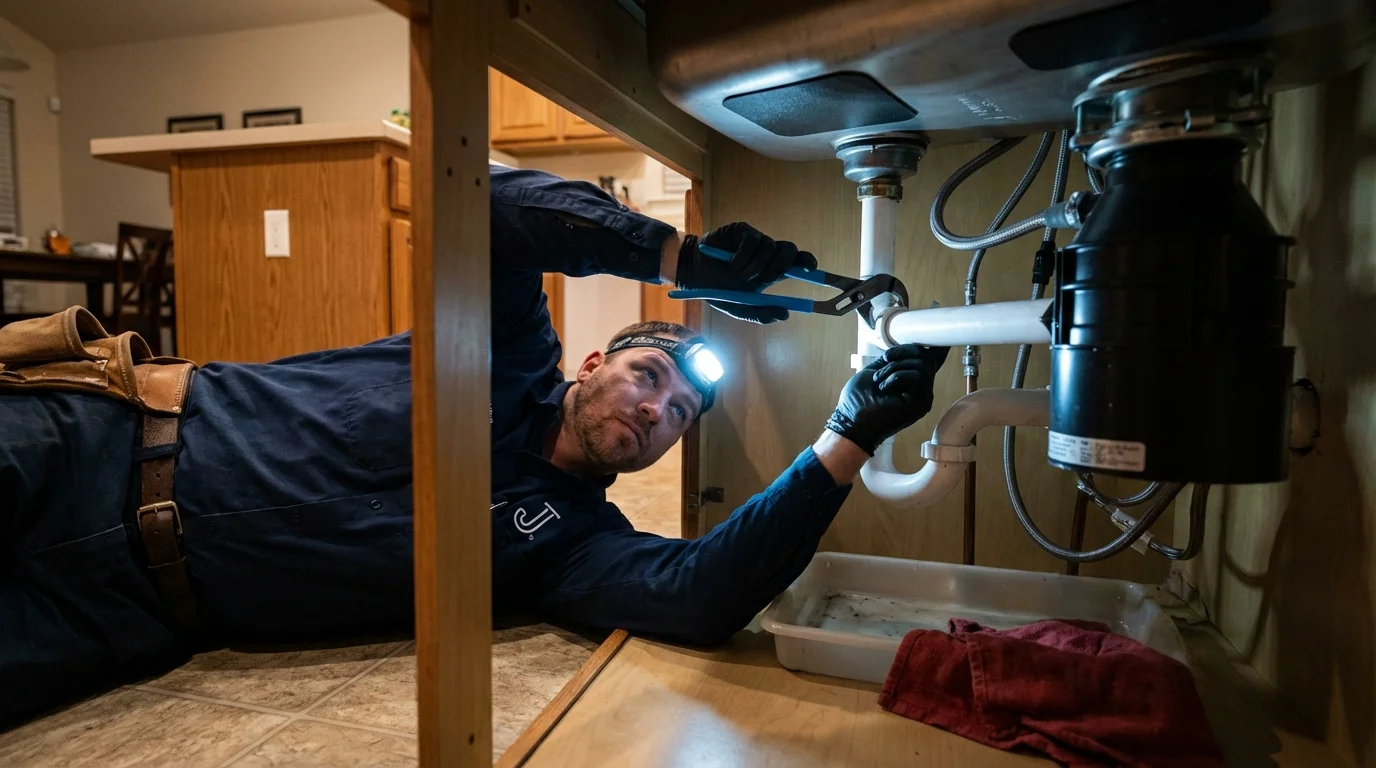 P-trap and supply line connections under a kitchen sink showing a common leak point in Whiteville, TN